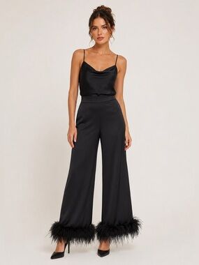 New! GIGII’S Visby Satin Marabou Feather Trim Wide Leg Trousers 🖤 Small NWT!